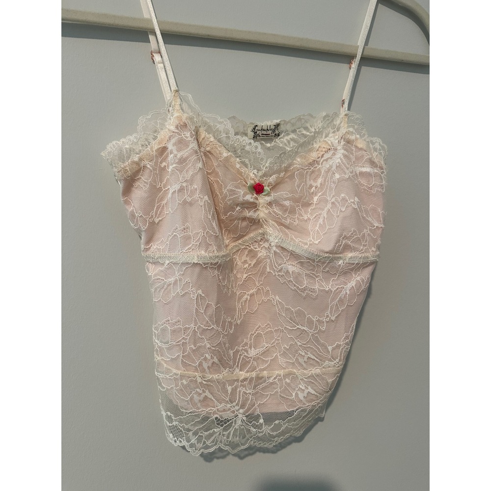 Intimately Free People Lace Cami Pink White Floral Rosette Camisole Top XS